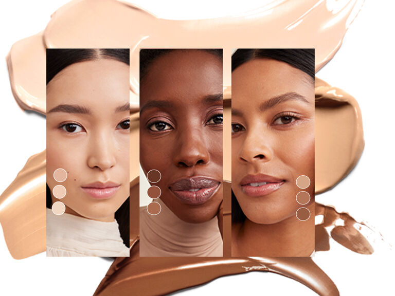 Close-up of three people wearing neutral-toned tops against a soft beige background